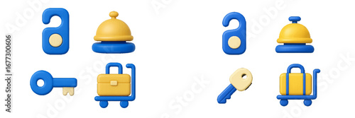 Hotel service icons: door hanger, bell, key, luggage cart. Modern 3D Icon Set