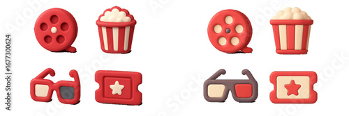 Cinema Entertainment Icons: Film Reel, Popcorn, 3D Glasses, Ticket. Modern 3D Icon Set