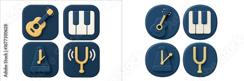 Musical Instruments and Tools Icons: Guitar, Piano, Metronome, Tuning Fork. Modern 3D Icon Set