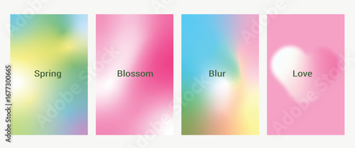 Abstract aura blurry vector texture. Blue, pink, green, yellow gradient background. Beauty in nature gradation pattern. Aesthetic bg. Set of 4 square vector gradient backdrop for poster, cover, banner