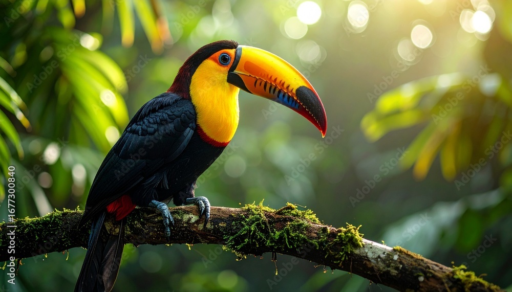Fototapeta premium A vibrant keel-billed toucan perched on a mossy branch in a lush rainforest.
