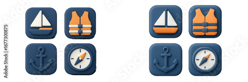 Nautical Symbols: Sailboat, Life Vest, Anchor, Compass. Modern 3D Icon Set