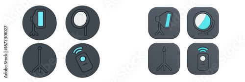 Photography lighting equipment icons: studio light, softbox, stand, remote control. Modern 3D Icon Set