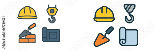 Construction and building materials icons: hard hat, crane hook, trowel, bricks, blueprint. Modern 3D Icon Set