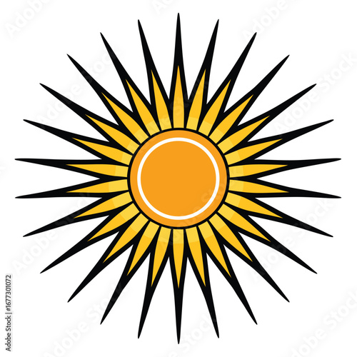 Stylized Sun Icon With Yellow Center And Black Rays On White Background symbol solar
