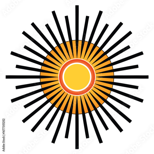 Stylized Sun Icon With Yellow Center And Black Rays On White Background symbol solar
