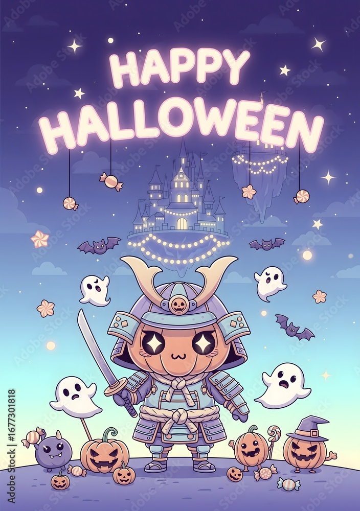 Fototapeta premium Cute Samurai Character for Halloween Celebration with Ghosts and Pumpkins