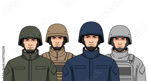 A group of four serious male soldiers or security personnel, depicted in a modern vector illustration, showcasing diverse tactical gear, helmets, and determined expressions.