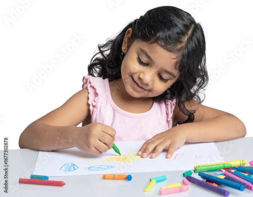  Child Drawing with Crayons, isolated on transparent background PNG