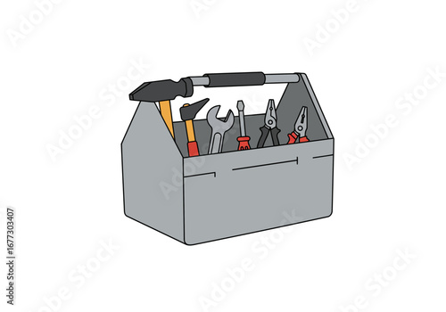 Gray Metal Toolbox with Essential Hand Tools.
