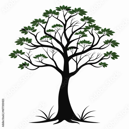 Stylized tree with green leaves and grass at its base on white roots