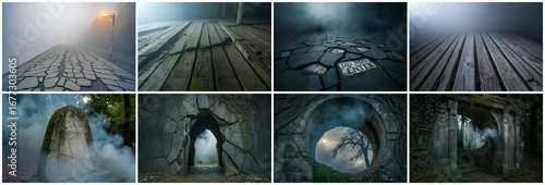 Foggy stone path wooden planks broken ground image