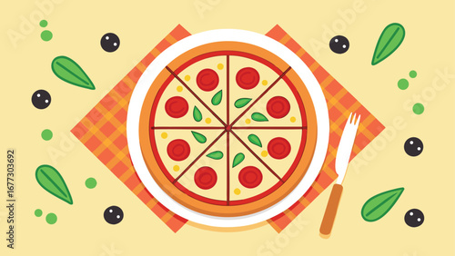 Sliced pizza with pepperoni and basil on checkered napkin