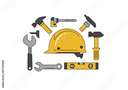 Construction Tools and Hard Hat: Industry and Building.