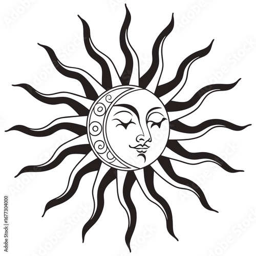 Sun and Moon Celestial Face with Wavy Rays stylized