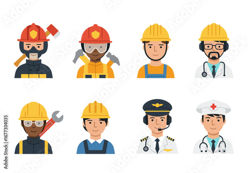 Diverse Professionals: Firefighters Construction Workers Doctors Pilots.