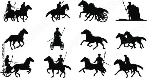Ancient warrior silhouette with horse and chariot, roman soldier vector, gladiator battle icon, historical war art, cavalry fighting design