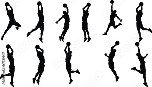 Basketball player silhouette jumping with ball, slam dunk action, sports vector illustration, athlete movement, dynamic pose, professional game concept design