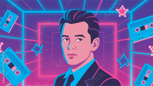 Actor with Neon Lines and Flying Cassettes Design Template