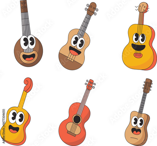 Cartoon guitars with faces, anthropomorphic design, vector illustration, playful music characters, kids theme, acoustic, colorful, smiling, expressive, fun