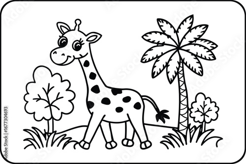 Cute cartoon giraffe standing in a sunny savanna landscape with trees and grass for coloring