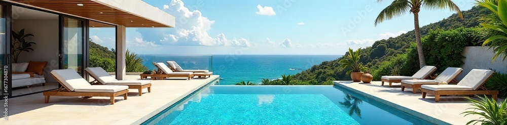 Fototapeta premium Luxury villa holiday home with private pool and stunning ocean views Perfect for a relaxing getaway or family vacation Enjoy outdoor living at its finest , modern, estate
