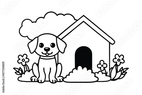 Cute cartoon puppy sitting happily in front of a dog house with flowers and a cloud