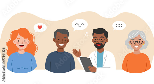 Diverse patients consult with a doctor, promoting healthcare and communication