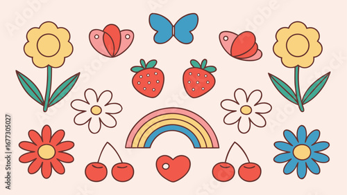 Whimsical hand drawn style collection of flowers butterflies strawberries rainbow and heart