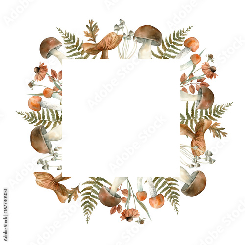 Autumn mushroom wreath with forest plants. Hand drawn by watercolor fern, leaves, branches, mushrooms, flowers. Template for printing on fabric wrapping paper and label