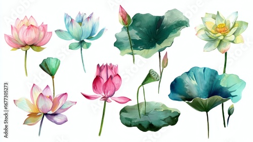 A collection of watercolor lotus flowers and leaves in various colors and stages of bloom, showcasing their delicate petals and lush green foliage
