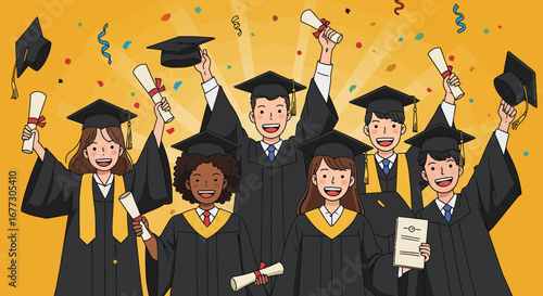 Illustration of diverse graduates celebrating achievement with diplomas and graduation caps