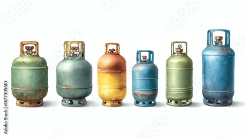 A collection of vintage gas cylinders in various colors and sizes, arranged in a line, showcasing rust and wear
