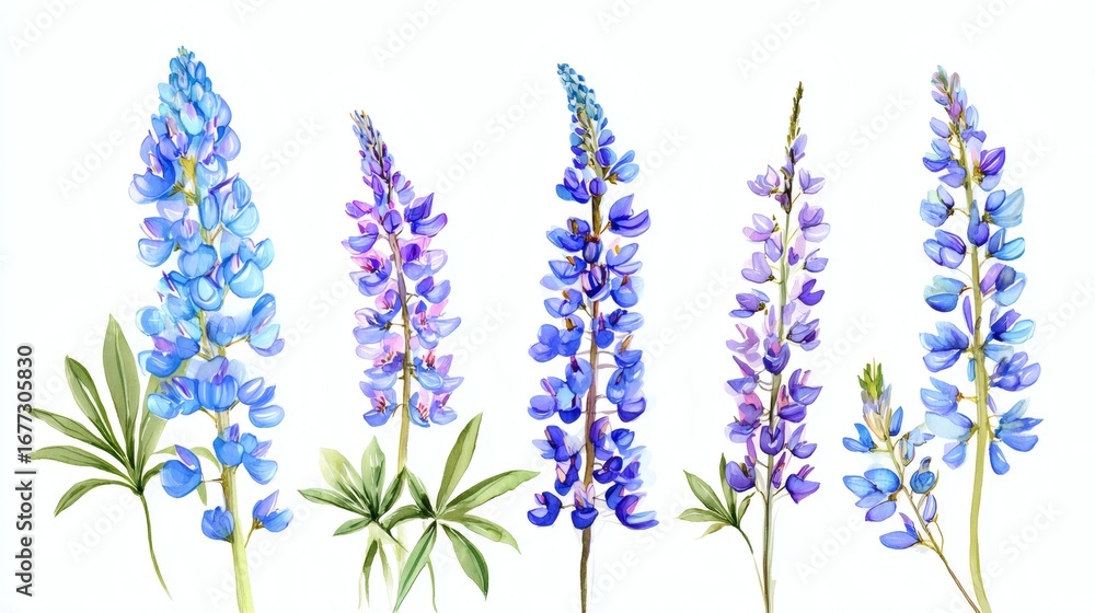 Naklejka premium A collection of watercolor illustrations of lupine flowers in various shades of blue and purple, showcasing their unique shapes and details