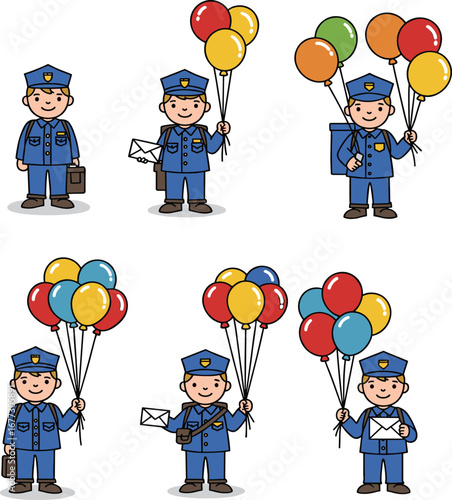 Cartoon mail carriers with balloons and letters, postal worker vector set, cheerful delivery clipart for educational and stock use