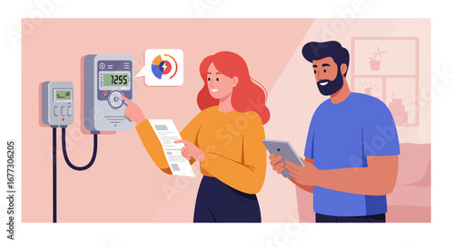 Couple monitoring electricity usage and reducing energy consumption at home