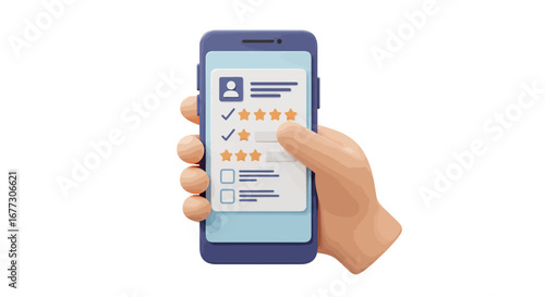 3D Render of a Hand Holding a Smartphone Displaying a Review Rating System