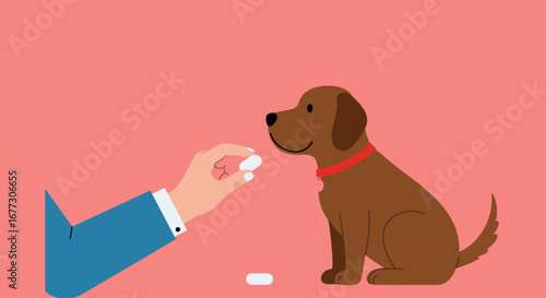 Illustration of giving a brown dog medicine, showing pet care and health concept