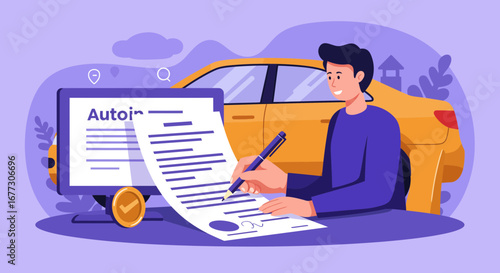 Signing up for car insurance online: illustration of driver and vehicle agreement