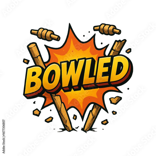 Bowled cricket term comic style explosion isolated on transparent background