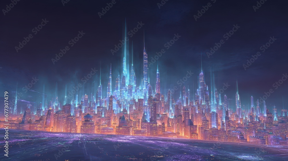 Fototapeta premium Ethereal Futuristic Metropolis Illuminated by Neon Aurora and Warm City Glow.