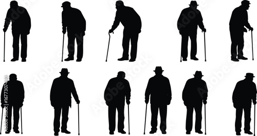 Elderly man silhouette, old man with cane, senior walking stick, aging concept, retirement life, healthcare support, disability aid design