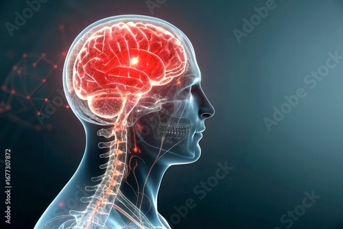 x-default Human Brain Anatomy with Spinal Cord and Nervous System - 3D Medical Illustration