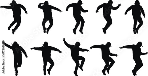 Hip hop dance silhouette, hoodie man jumping, urban street dancer, freestyle breakdance moves, action energy pose, modern youth culture illustration