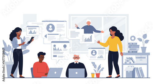 Diverse team working collaboratively on business strategies in a modern workspace