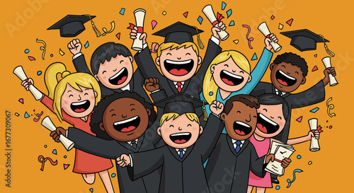 Cartoon illustration of happy diverse students celebrating graduation achievement