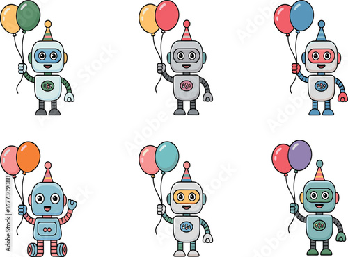Cartoon robot party set, colorful balloon characters, festive vector clipart, celebration theme, children’s design, playful tech graphics, stock art