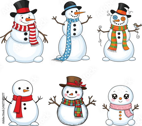 Cartoon snowman character set, vector illustration with hats and scarves, festive winter clipart, Christmas design, cute holiday poses