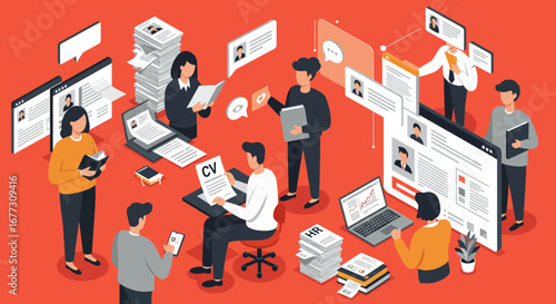 Isometric illustration of HR team processing recruitment applications effectively