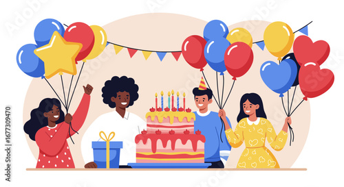 Happy diverse group of friends celebrating a birthday party with balloons and cake